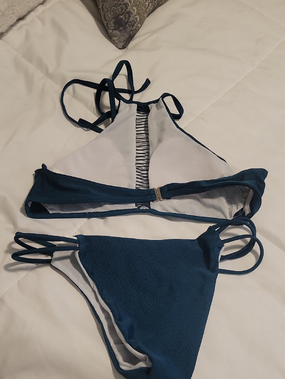 Teal High-Neck Strappy Bikini Set, Women Swim SZ MED - Picture 4 of 6